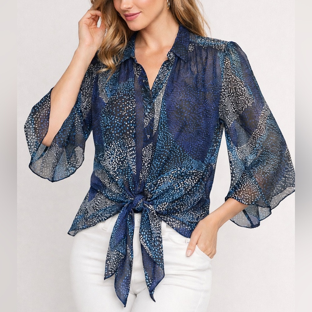Aryn K Silk Leyerded Blouse Flare Sleeve Size L Tie Front Detail Semi Sheer